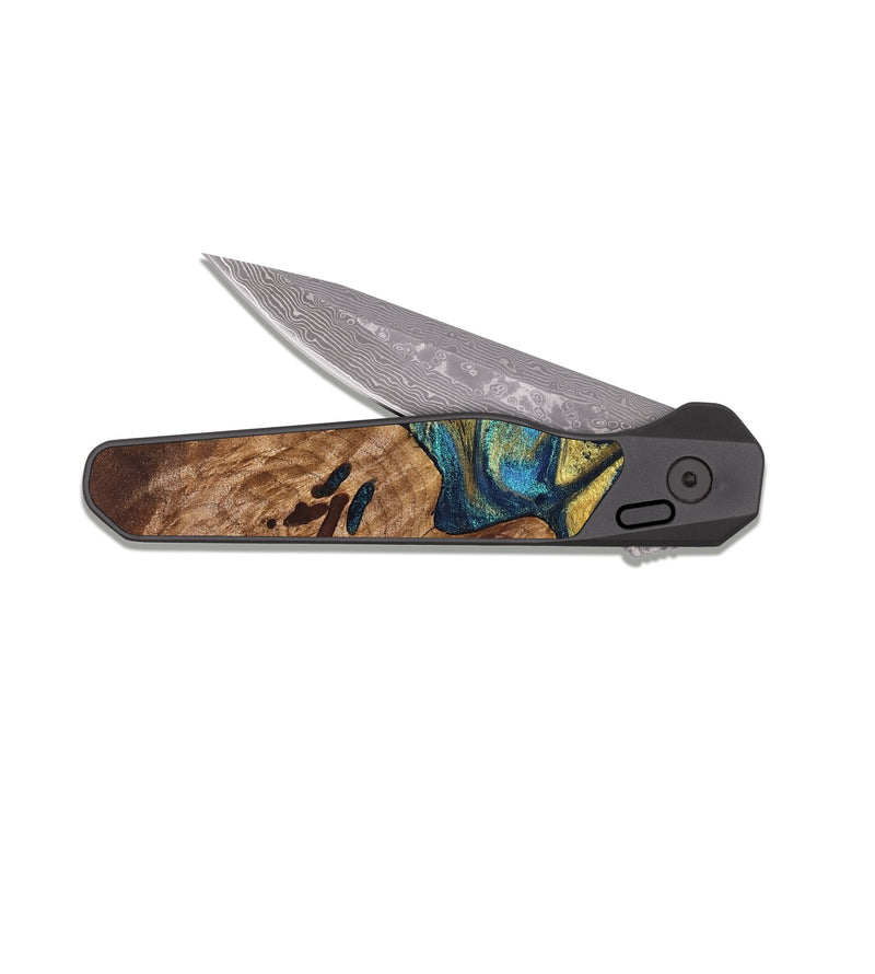 EDC Dark Damascus Wood Pocket Knife - Mariana (Teal & Gold, 827068)