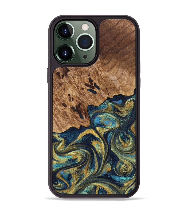 iPhone 13 Pro Max Wood Phone Case - Mariana (Teal & Gold, 827068)