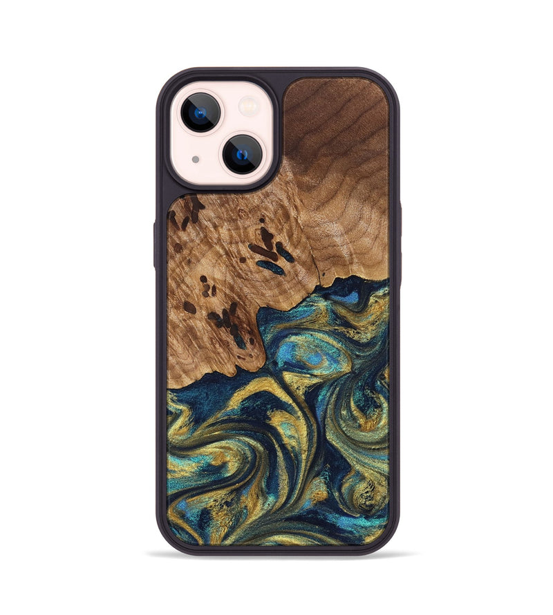 iPhone 14 Wood Phone Case - Mariana (Teal & Gold, 827068)