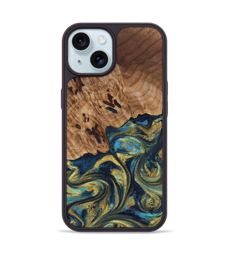iPhone 15 Wood Phone Case - Mariana (Teal & Gold, 827068)