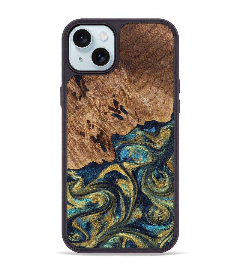 iPhone 15 Plus Wood Phone Case - Mariana (Teal & Gold, 827068)