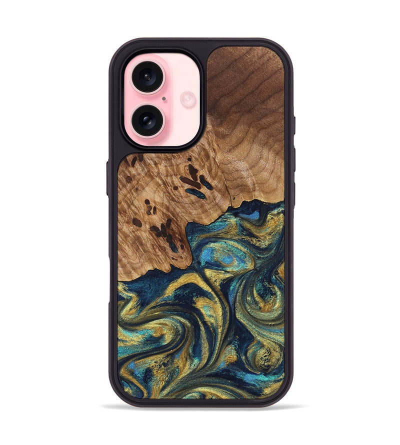 iPhone 16 Wood Phone Case - Mariana (Teal & Gold, 827068)