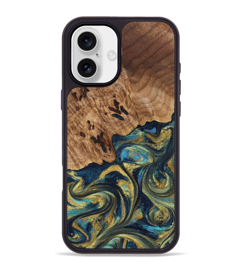 iPhone 16 Plus Wood Phone Case - Mariana (Teal & Gold, 827068)