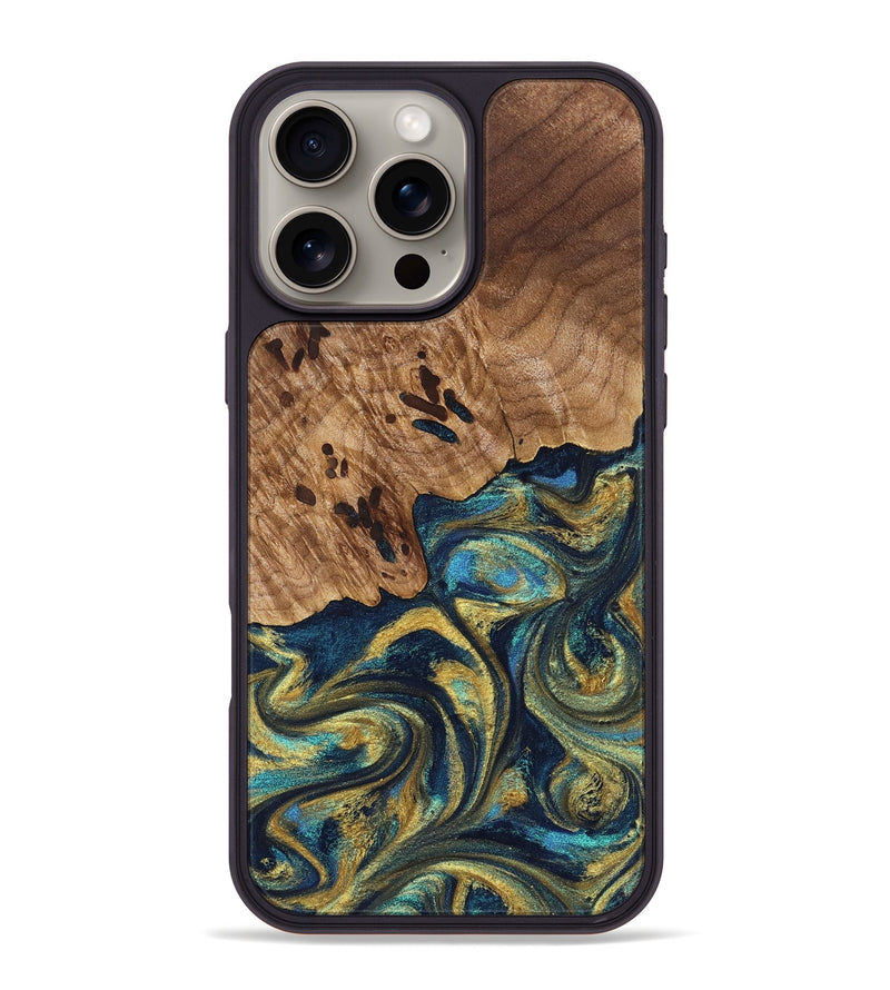 iPhone 16 Pro Max Wood Phone Case - Mariana (Teal & Gold, 827068)