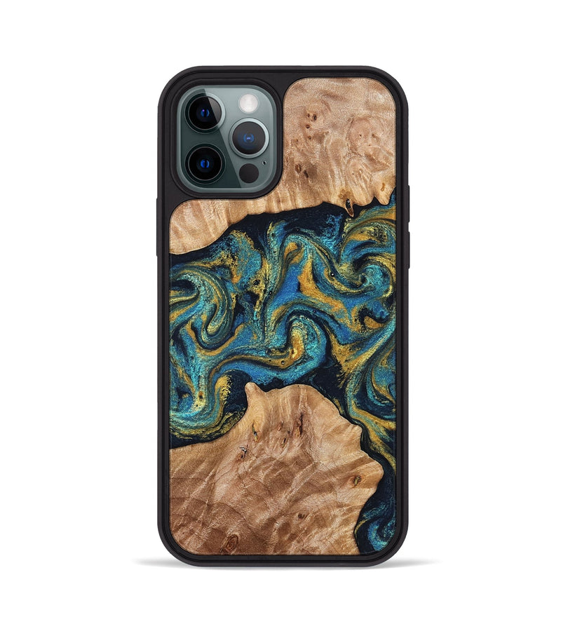 iPhone 12 Pro Wood Phone Case - Sina (Teal & Gold, 827087)