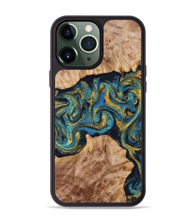 iPhone 13 Pro Max Wood Phone Case - Sina (Teal & Gold, 827087)