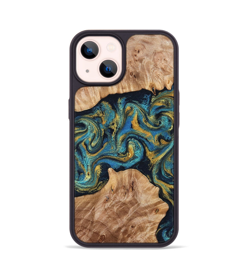 iPhone 14 Wood Phone Case - Sina (Teal & Gold, 827087)