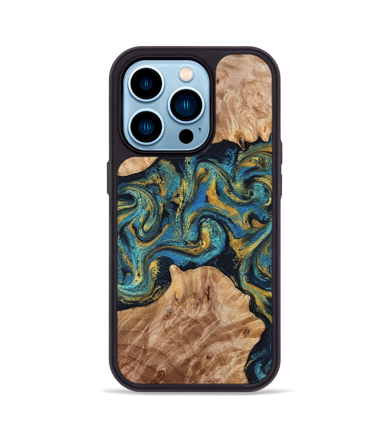 iPhone 14 Pro Wood Phone Case - Sina (Teal & Gold, 827087)