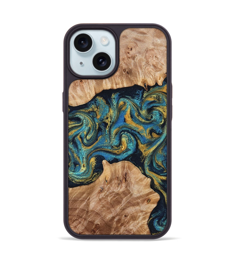 iPhone 15 Wood Phone Case - Sina (Teal & Gold, 827087)
