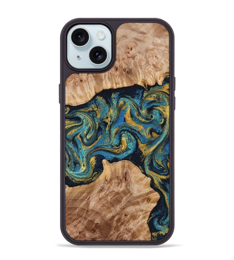 iPhone 15 Plus Wood Phone Case - Sina (Teal & Gold, 827087)