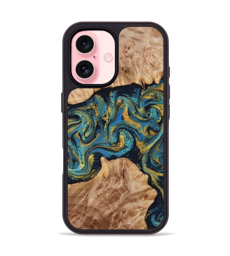 iPhone 16 Wood Phone Case - Sina (Teal & Gold, 827087)