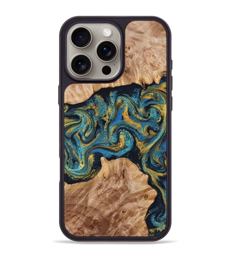 iPhone 16 Pro Max Wood Phone Case - Sina (Teal & Gold, 827087)