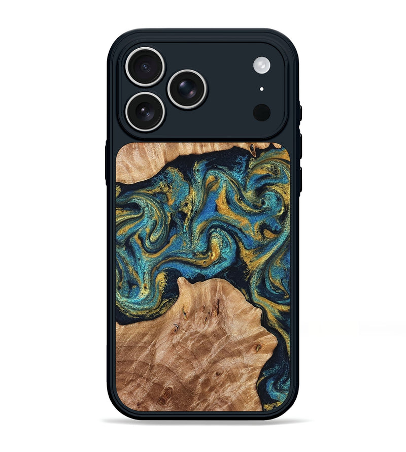 iPhone 17 Pro Max Wood Phone Case - Sina (Teal & Gold, 827087)