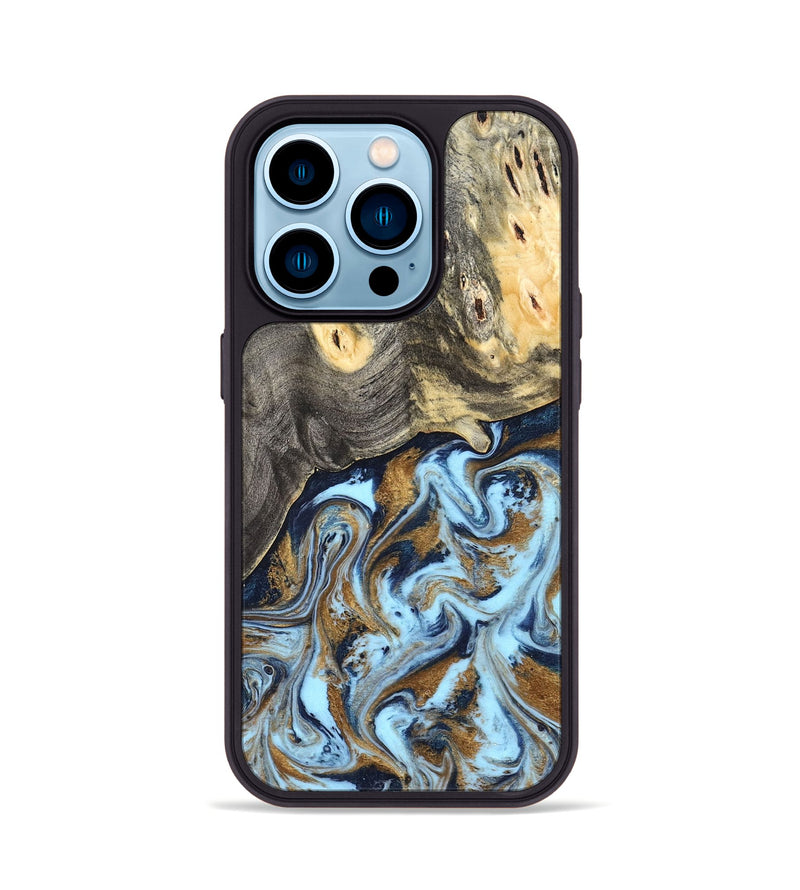 iPhone 14 Pro Wood Phone Case - Nevaeh (Teal & Gold, 827088)