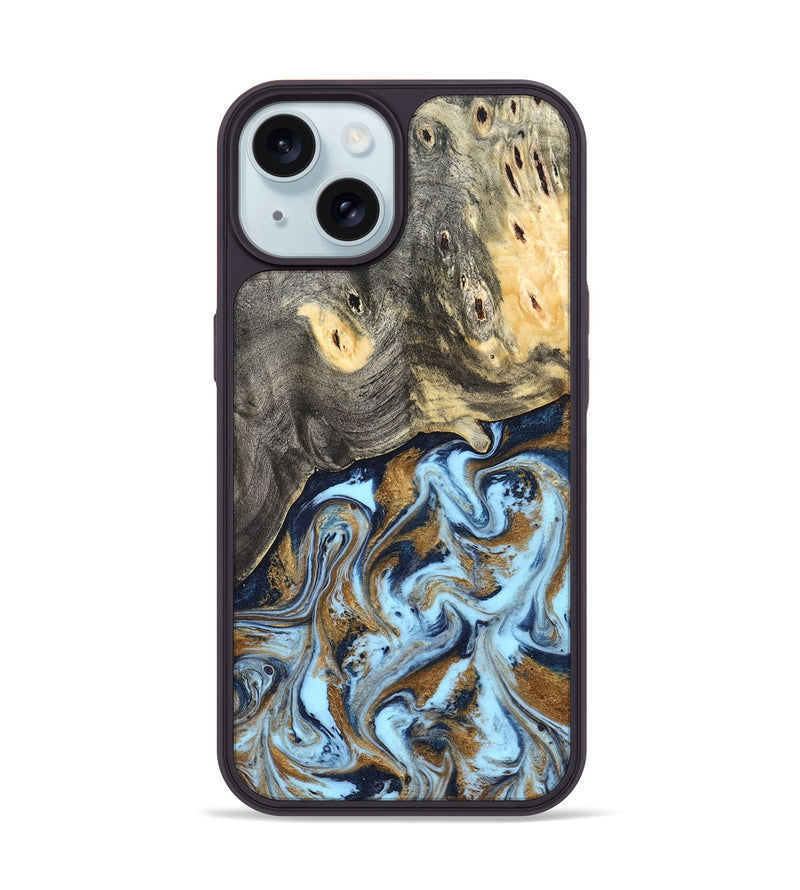 iPhone 15 Wood Phone Case - Nevaeh (Teal & Gold, 827088)