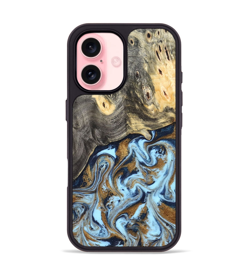iPhone 16 Wood Phone Case - Nevaeh (Teal & Gold, 827088)