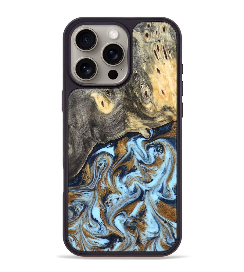 iPhone 16 Pro Max Wood Phone Case - Nevaeh (Teal & Gold, 827088)