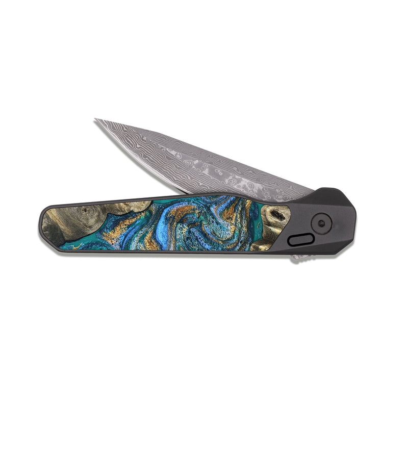 EDC Dark Damascus Wood Pocket Knife - Aspyn (Teal & Gold, 827212)