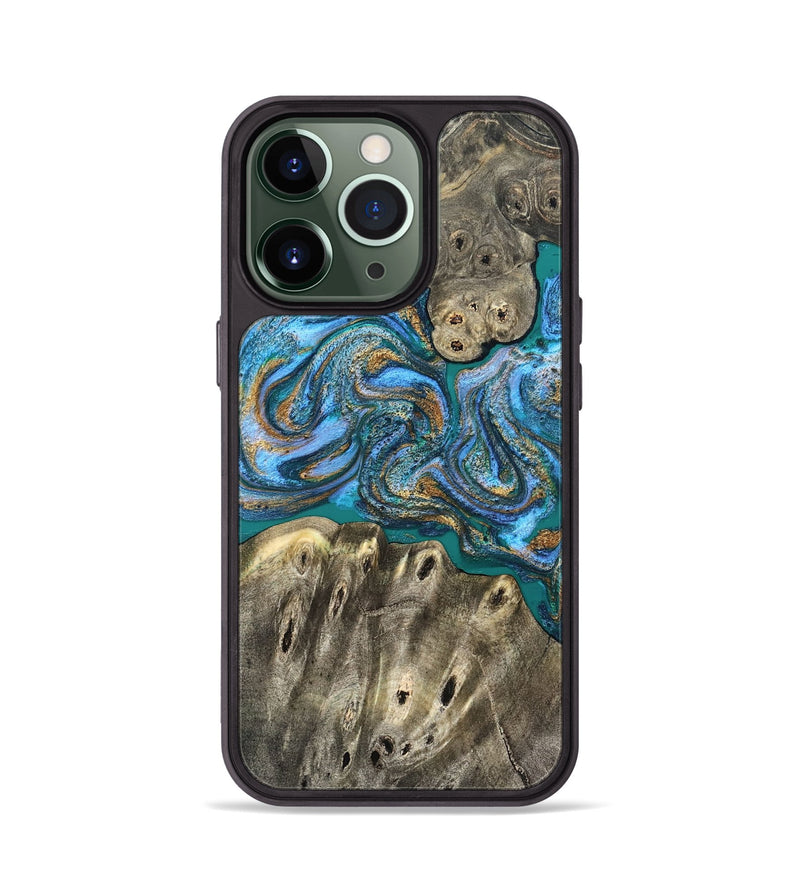 iPhone 13 Pro Wood Phone Case - Aspyn (Teal & Gold, 827212)