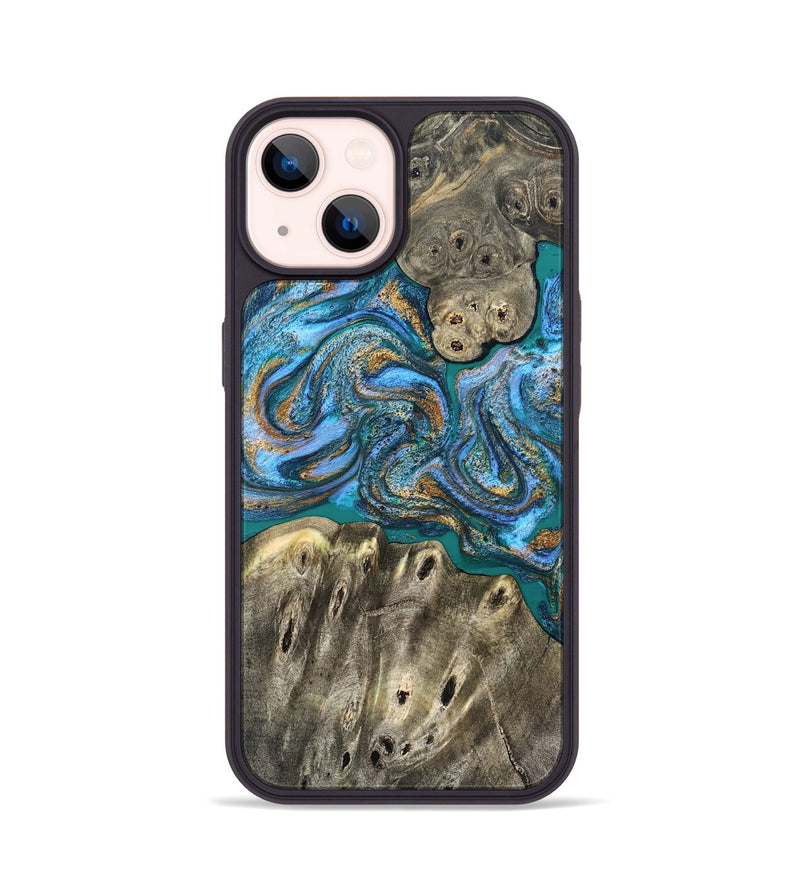iPhone 14 Wood Phone Case - Aspyn (Teal & Gold, 827212)