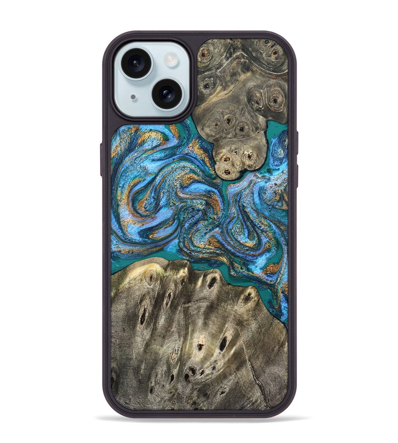 iPhone 15 Plus Wood Phone Case - Aspyn (Teal & Gold, 827212)