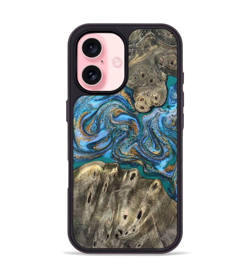 iPhone 16 Wood Phone Case - Aspyn (Teal & Gold, 827212)