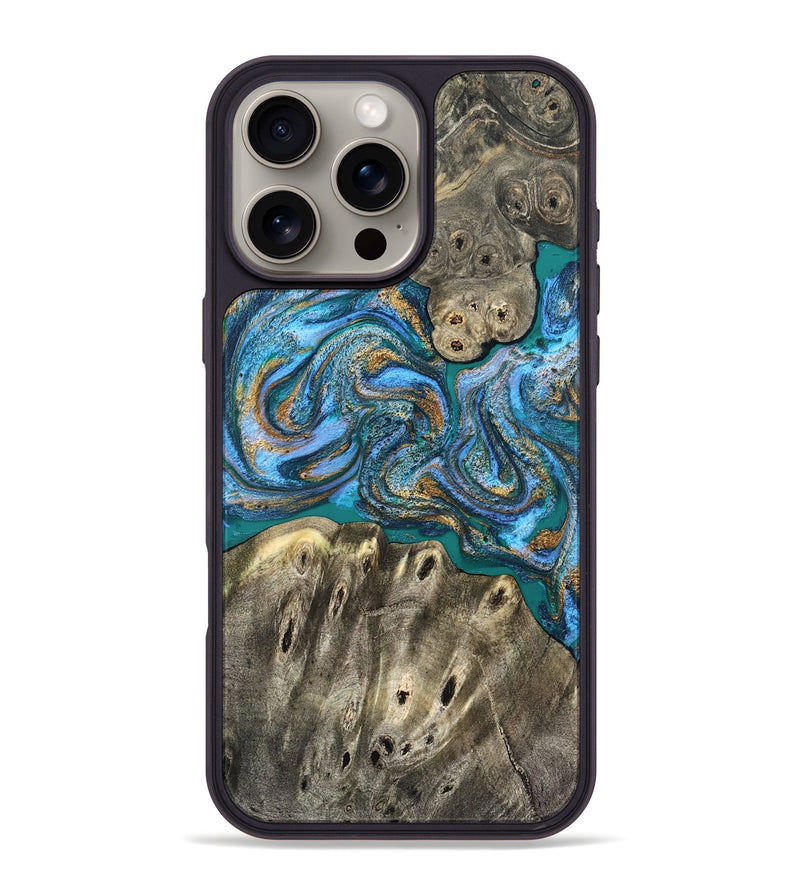 iPhone 16 Pro Max Wood Phone Case - Aspyn (Teal & Gold, 827212)