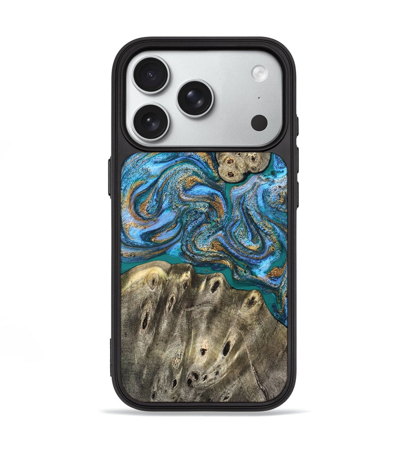 iPhone 18 Pro Wood Phone Case - Aspyn (Teal & Gold, 827212)