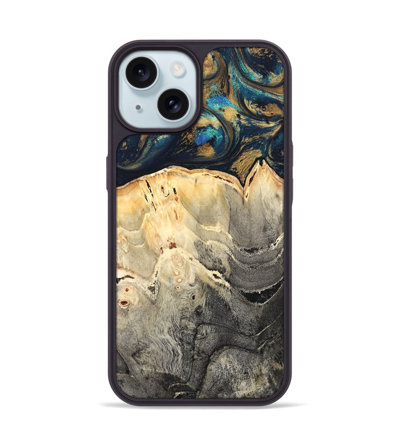 iPhone 15 Wood Phone Case - Miller (Teal & Gold, 827215)