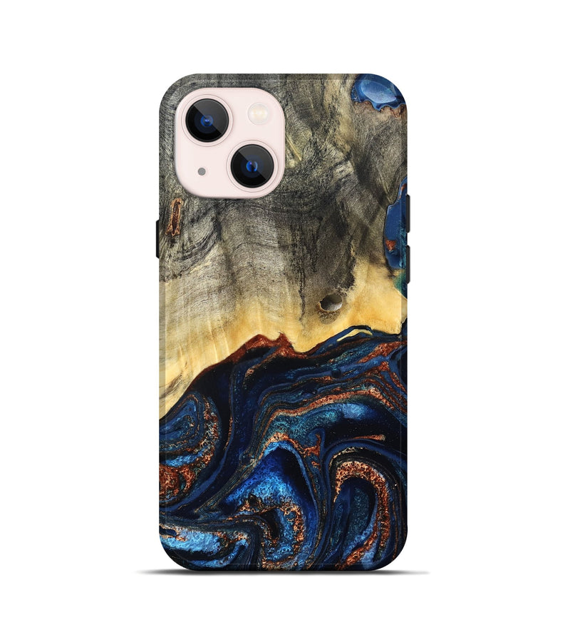 iPhone 13 mini Wood Live Edge Phone Case - Gemma (Teal & Gold, 827235)