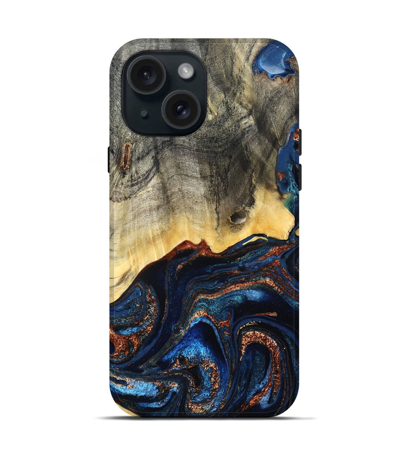iPhone 15 Wood Live Edge Phone Case - Gemma (Teal & Gold, 827235)