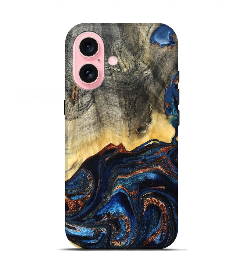 iPhone 16 Wood Live Edge Phone Case - Gemma (Teal & Gold, 827235)