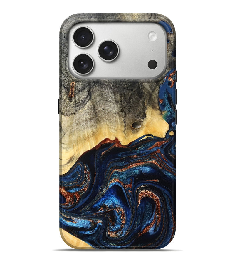 iPhone 17 Pro Max Wood Live Edge Phone Case - Gemma (Teal & Gold, 827235)