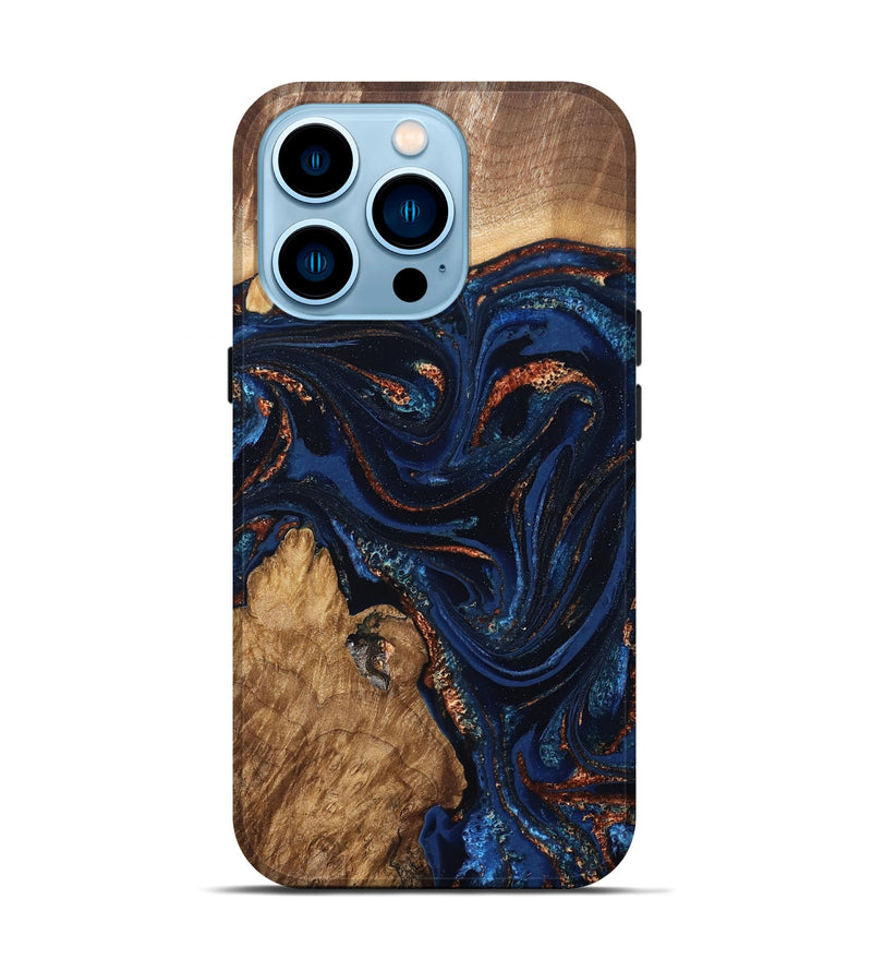 iPhone 14 Pro Wood Live Edge Phone Case - Avayah (Teal & Gold, 827239)