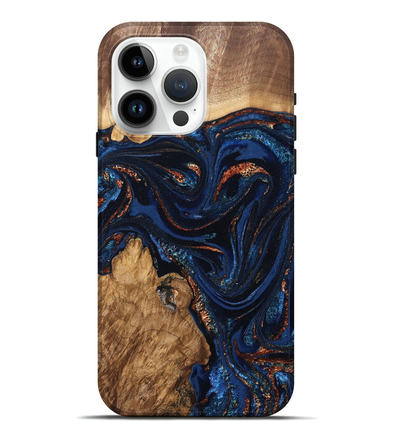 iPhone 15 Pro Max Wood Live Edge Phone Case - Avayah (Teal & Gold, 827239)