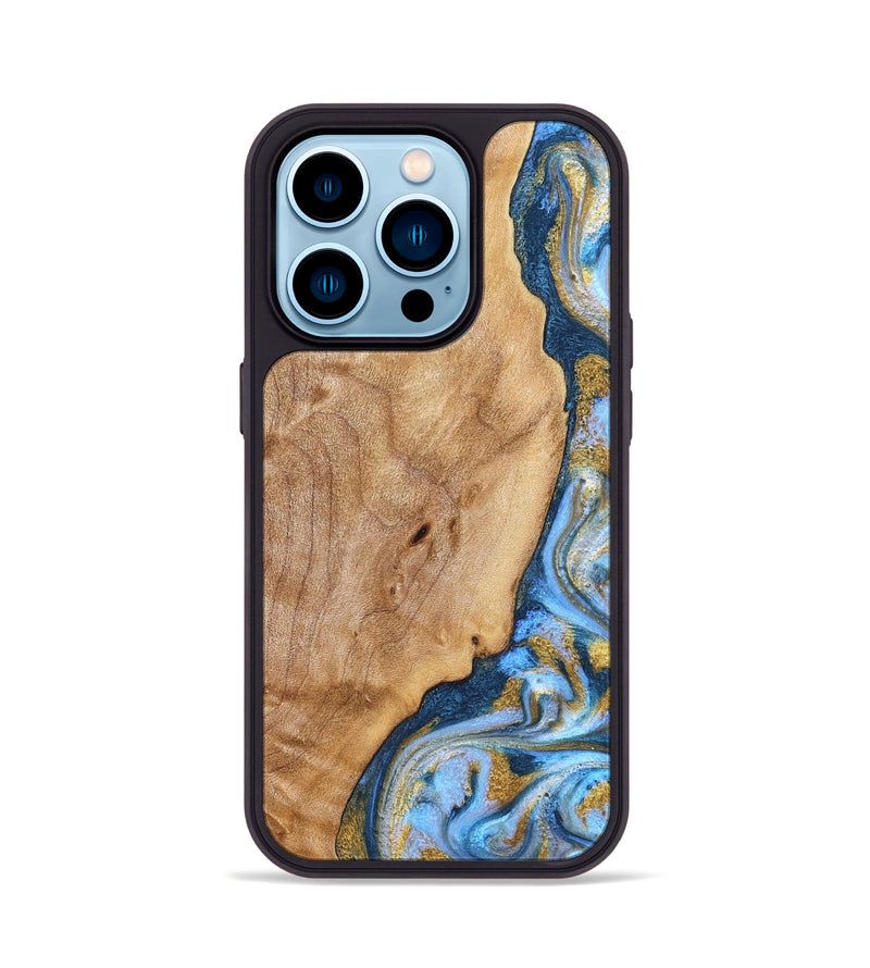 iPhone 14 Pro Wood Phone Case - Amoura (Teal & Gold, 827271)
