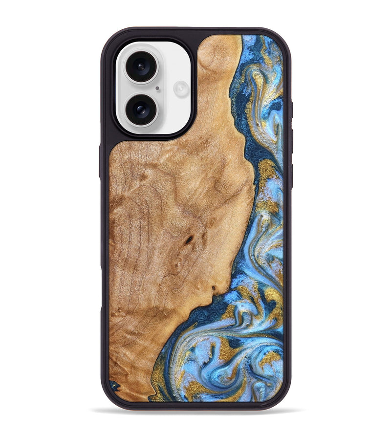 iPhone 16 Plus Wood Phone Case - Amoura (Teal & Gold, 827271)