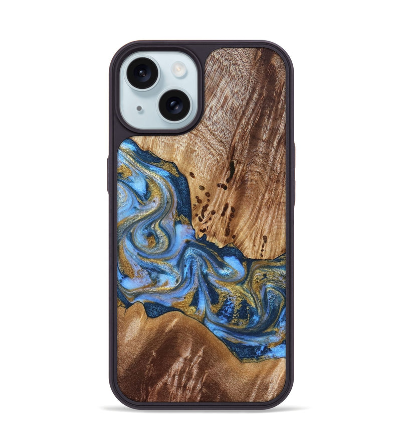 iPhone 15 Wood Phone Case - Son (Teal & Gold, 827272)