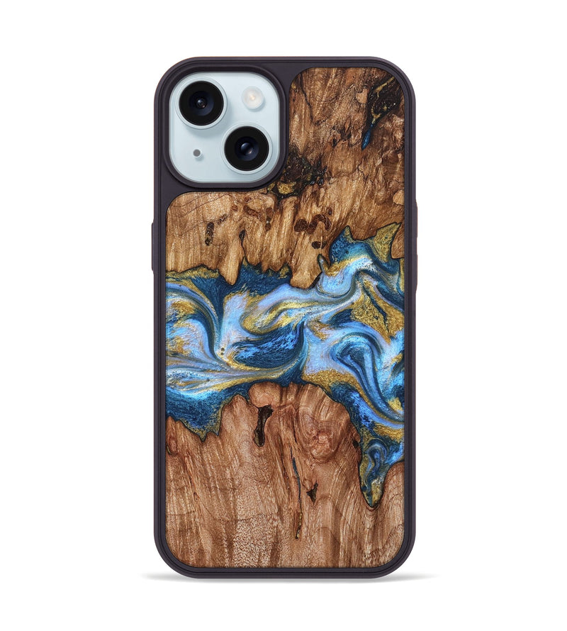 iPhone 15 Wood Phone Case - Irving (Teal & Gold, 827317)