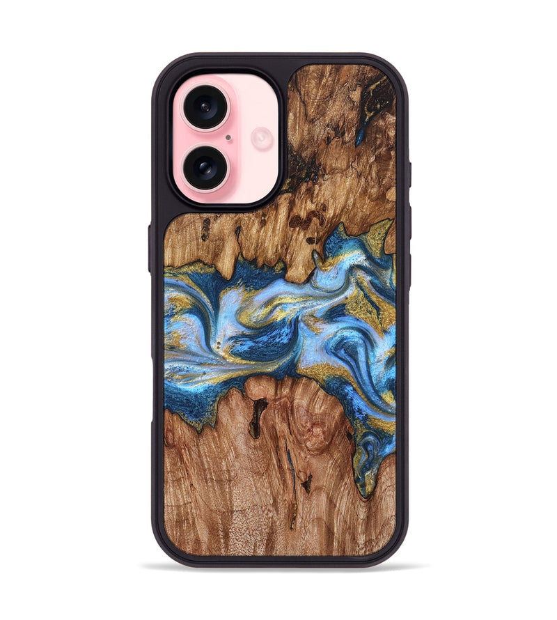 iPhone 16 Wood Phone Case - Irving (Teal & Gold, 827317)