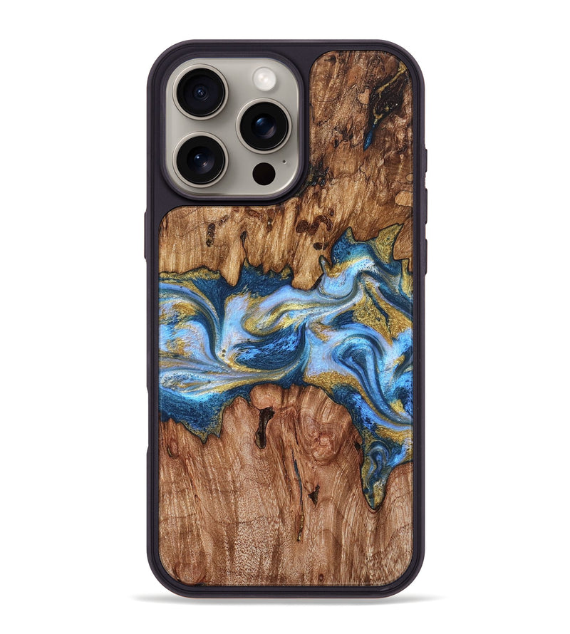iPhone 16 Pro Max Wood Phone Case - Irving (Teal & Gold, 827317)