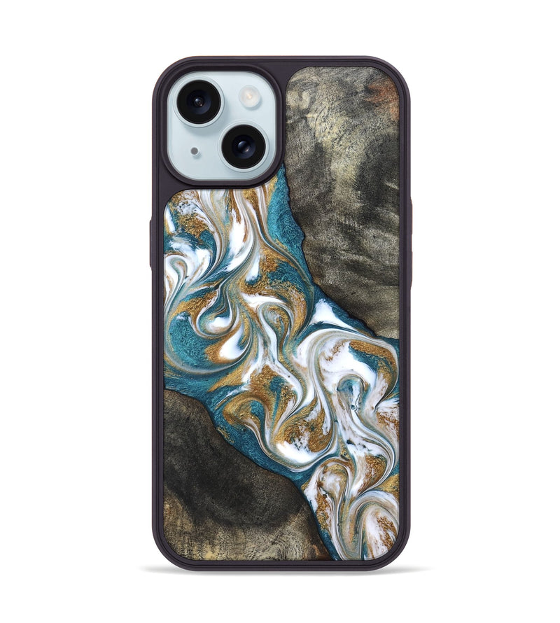 iPhone 15 Wood Phone Case - Payten (Teal & Gold, 827318)