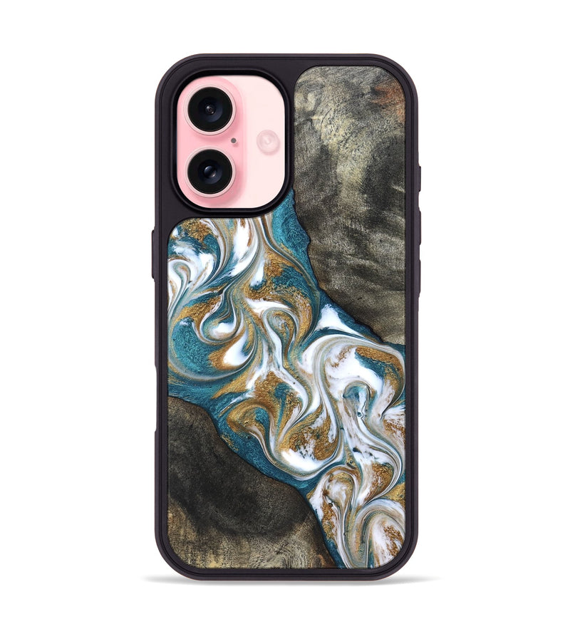 iPhone 16 Wood Phone Case - Payten (Teal & Gold, 827318)