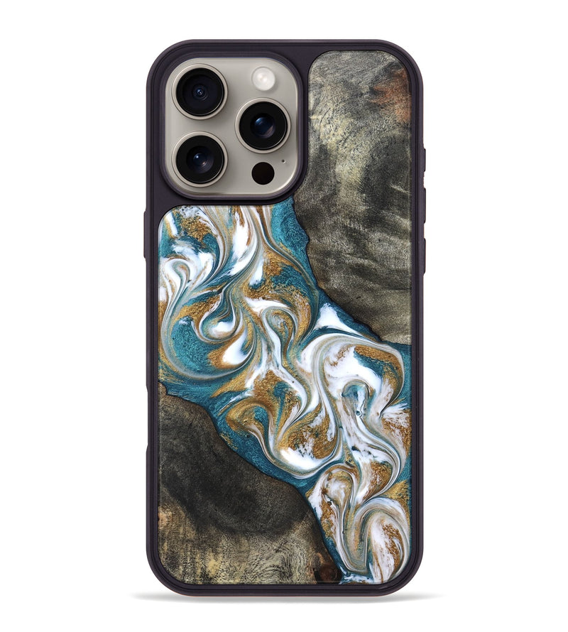 iPhone 16 Pro Max Wood Phone Case - Payten (Teal & Gold, 827318)
