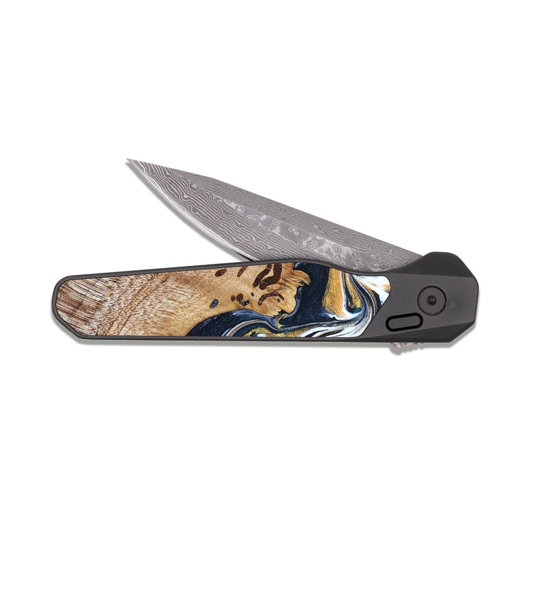 EDC Dark Damascus Wood Pocket Knife - Adalee (Teal & Gold, 827321)