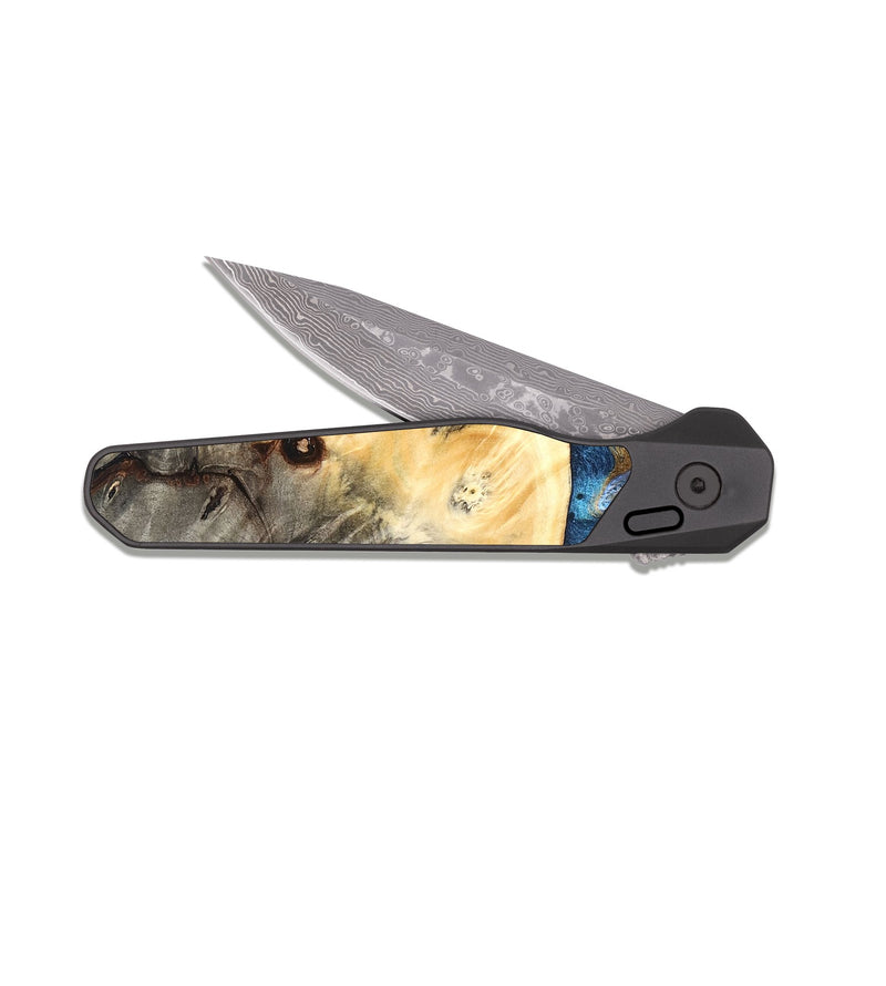 EDC Dark Damascus Wood Pocket Knife - Kole (Teal & Gold, 827323)