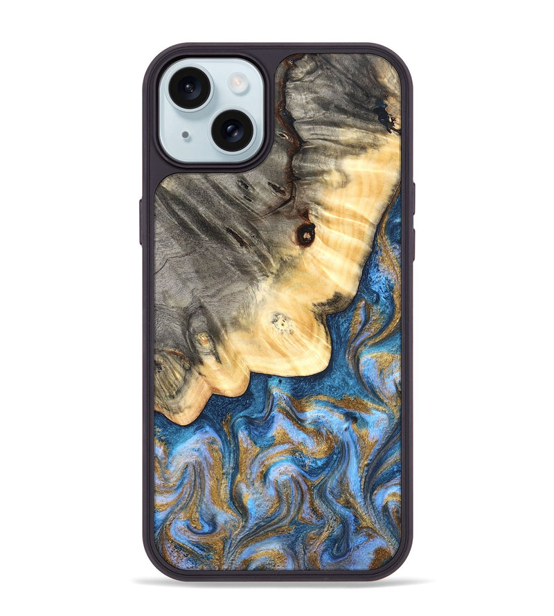 iPhone 15 Plus Wood Phone Case - Kole (Teal & Gold, 827323)