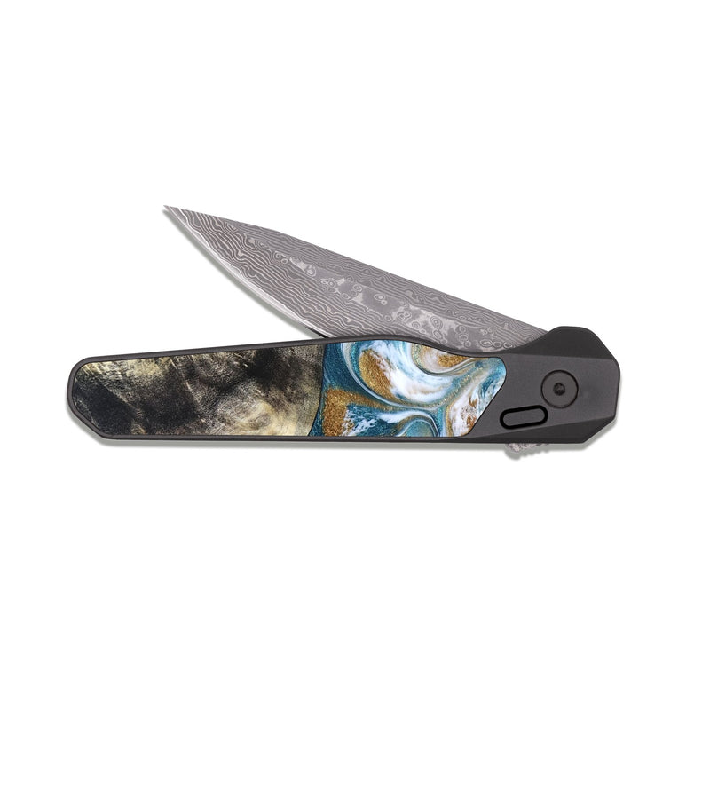 EDC Dark Damascus Wood Pocket Knife - Harlow (Teal & Gold, 827324)
