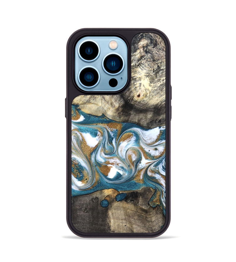 iPhone 14 Pro Wood Phone Case - Harlow (Teal & Gold, 827324)