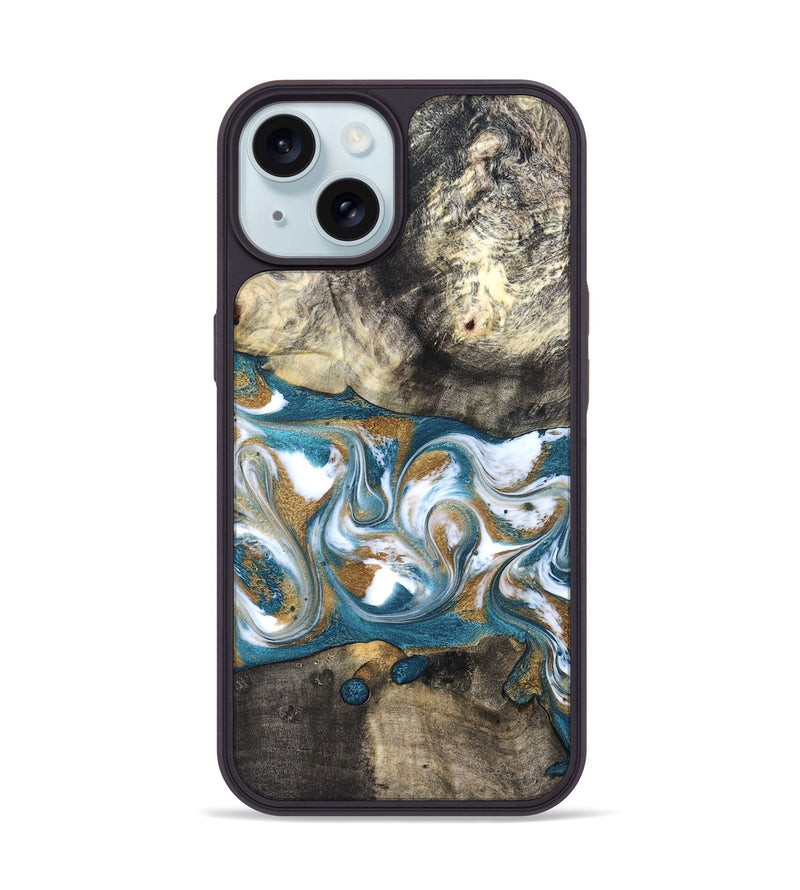 iPhone 15 Wood Phone Case - Harlow (Teal & Gold, 827324)